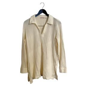 Soft Surroundings Cream Cotton Gauze Collar Long Sleeve Popover Tunic Top